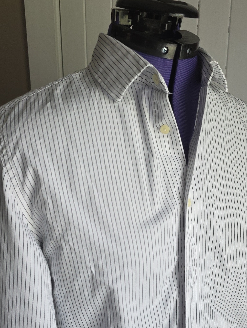 Mango Men's White Shirt with Thin Navy Pinstripes